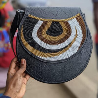 Black African Beaded Leather Sling Bag