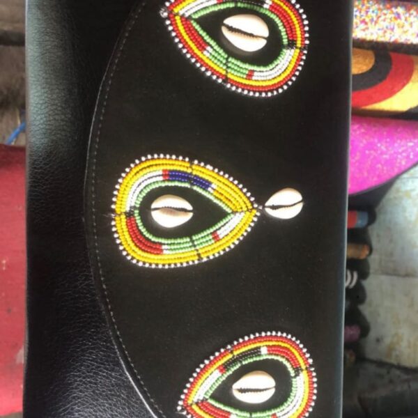 Black Leather Hand-beaded Clutch Bag
