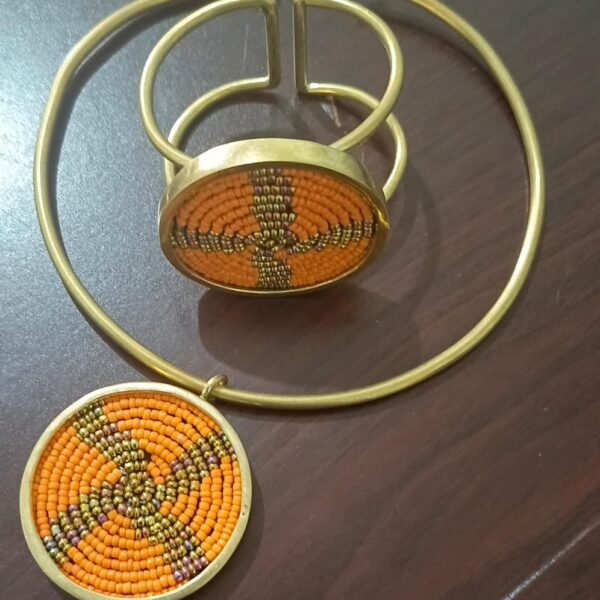 Brass Necklace with African Beading and Matching Bracelet