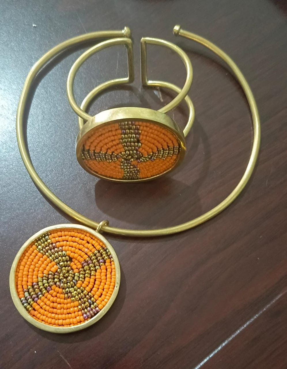 Brass Necklace with African Beading and Matching Bracelet